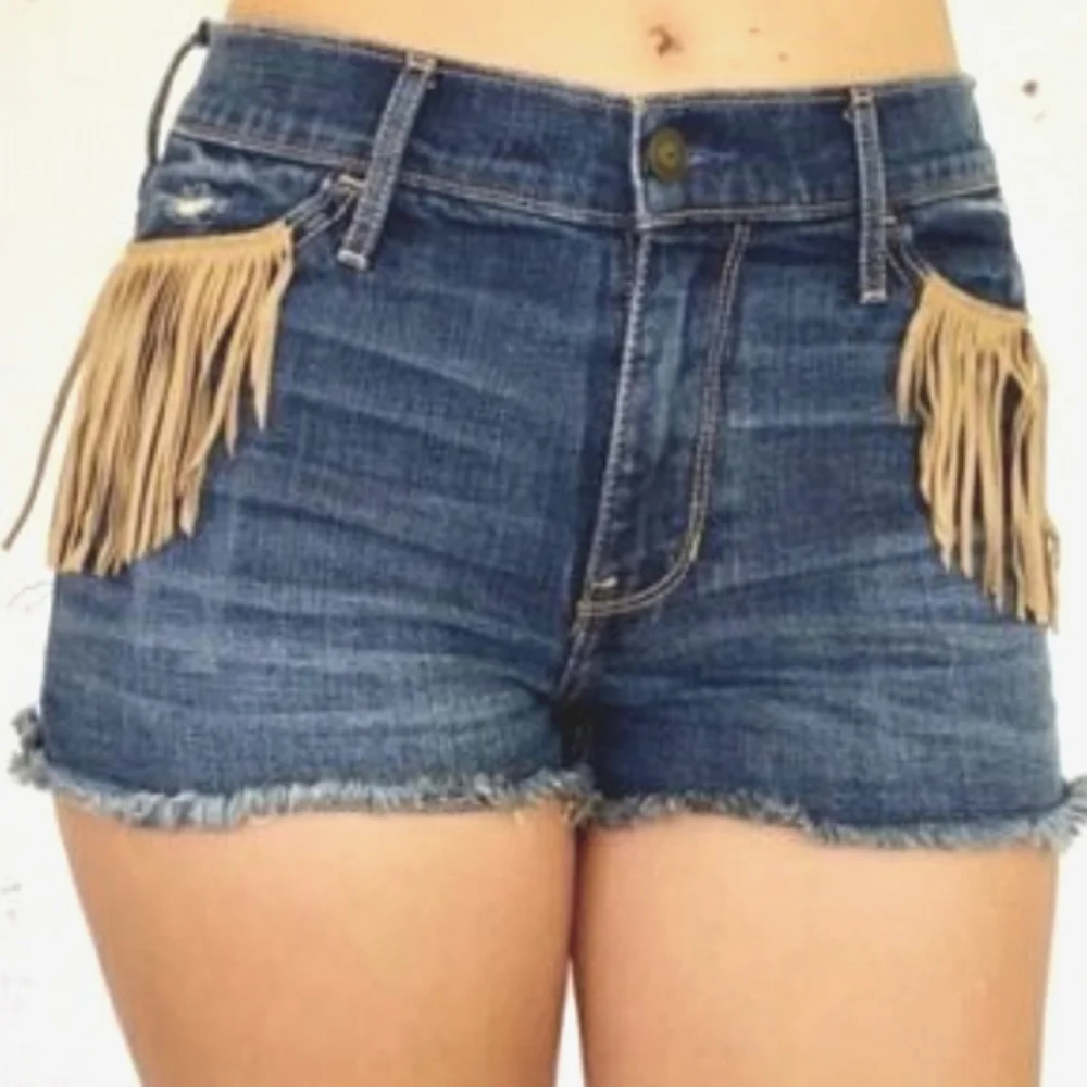 Hollister High Rise Jean Short Shorts W/ Leather Fringe Size 13 w31